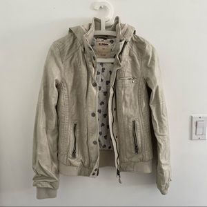 Garage Faux Leather Zipper Jacket with Removable Hood in Ivory Size M
